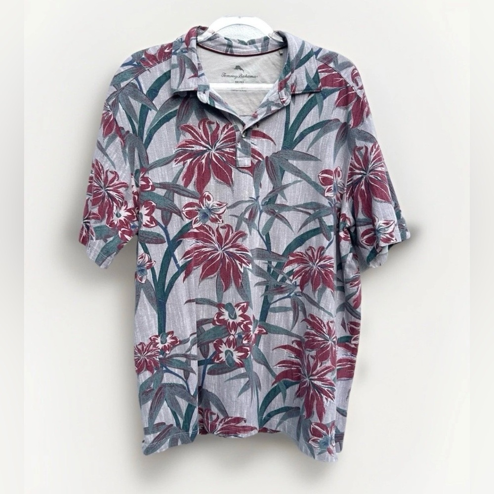 Tommy Bahama Shirt Mens Floral Camp Polo Bamboo Bungalow Stretch Sz M Multi